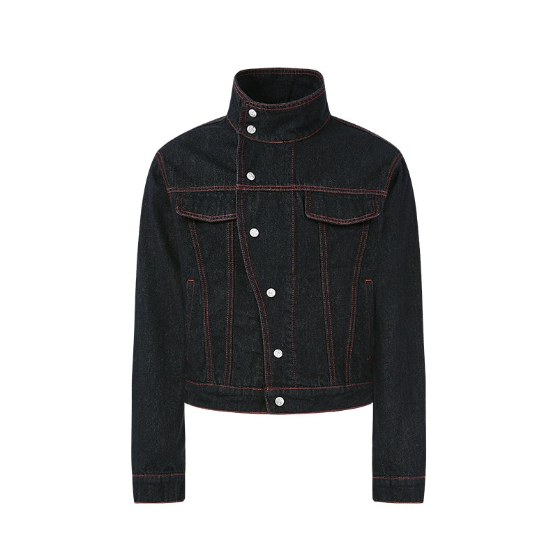 KREATE Contrasting Bright Line Diagonal Placket Stand-up Collar Denim Jacket