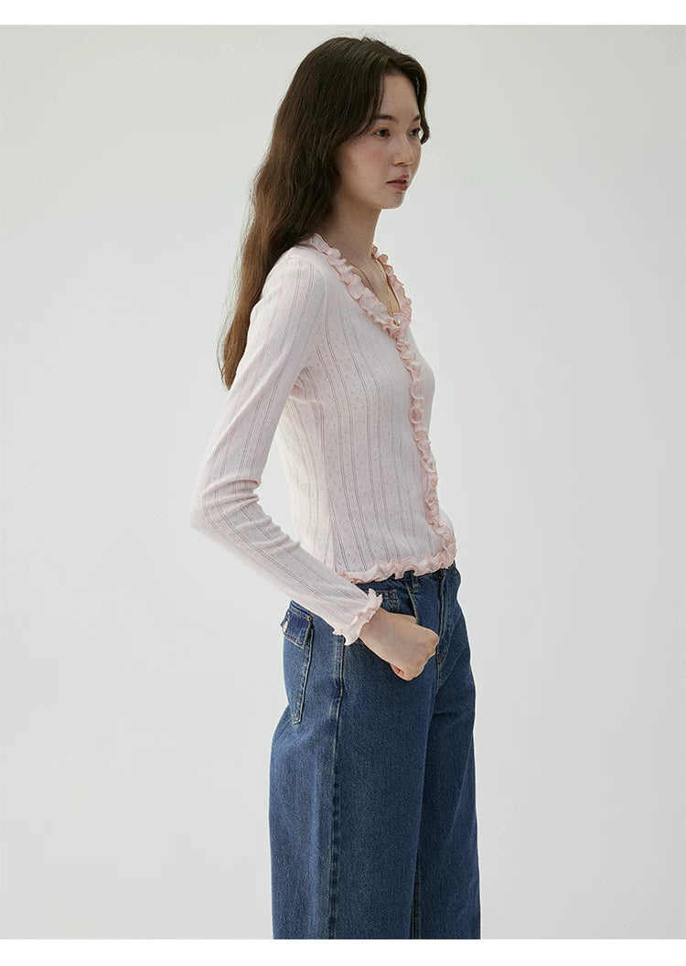 VOOE Fungus Lace U-Neck Sweet Long Sleeves