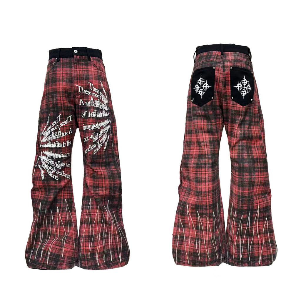 DETW Red Plaid Embroidered Scimitar Jeans