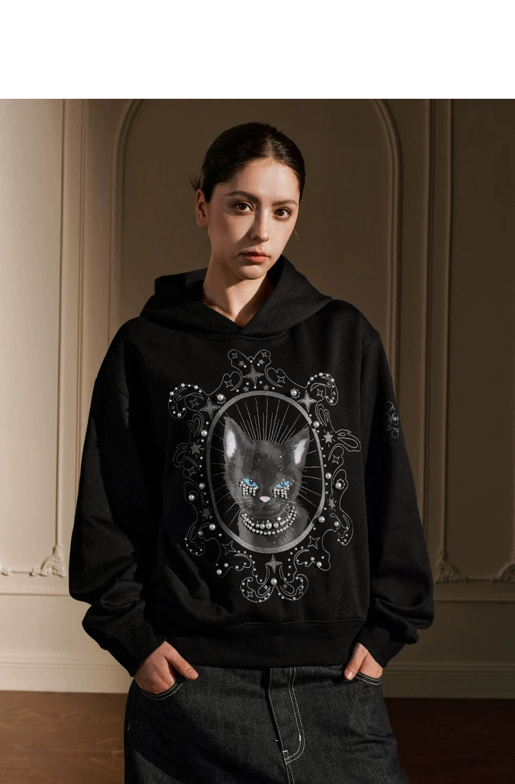YADcrew Cat Print Hooded Sweater