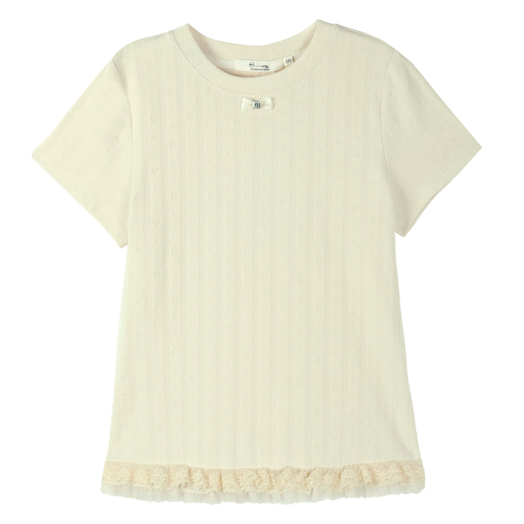 XUJING Front Shoulder Lace Edge Hem Waist Thin Tee