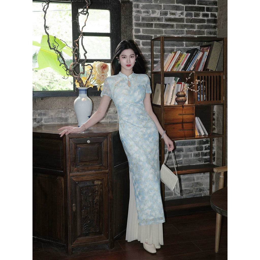 ZIHE Floral Mesh Stretch Cheongsam Slim Dress