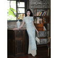 ZIHE Floral Mesh Stretch Cheongsam Slim Dress
