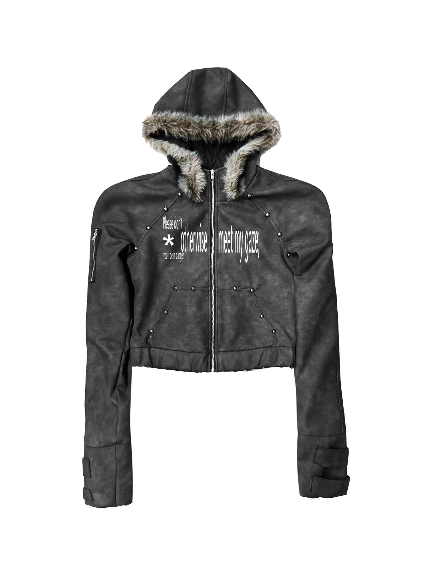 DETW Rivet Letter Print Fur Collar Jacket