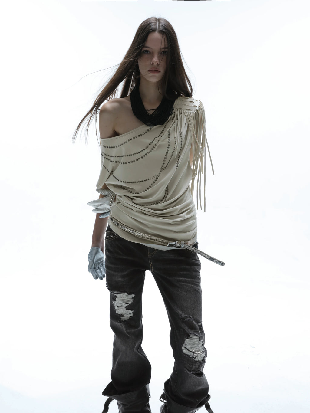 DoublePunch Off-Shoulder Tassel Loose Pleated Hot Diamond Tee