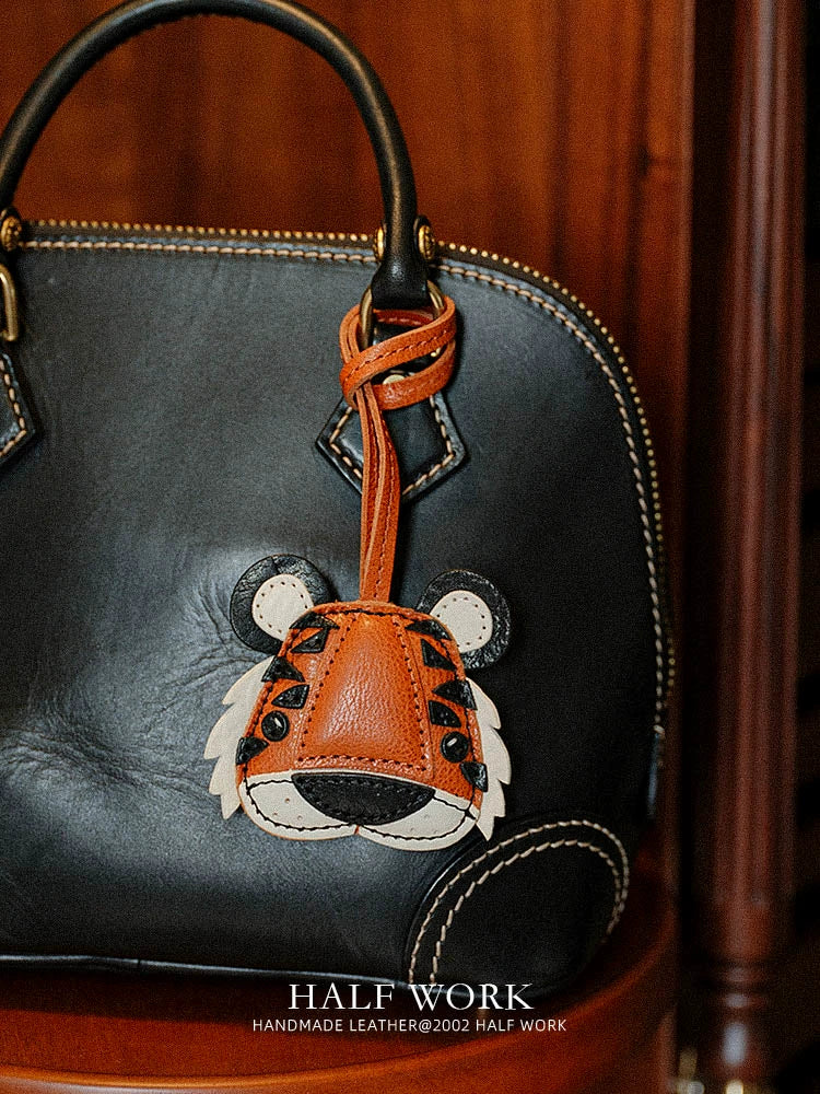 HALF WORK cowhide bag pendant genuine leather retro handmade tiger head pendant tiger zodiac bag pendant