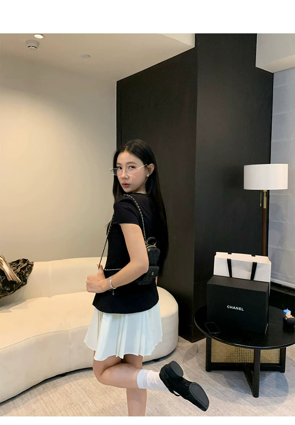 YOUNG KYLIN Contrasting Splicing Fake Two-piece Pleated Dress