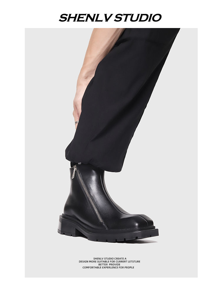 SHENLV StuIO Double Zipper Short Boots Yuppie High-top Leather Shoes