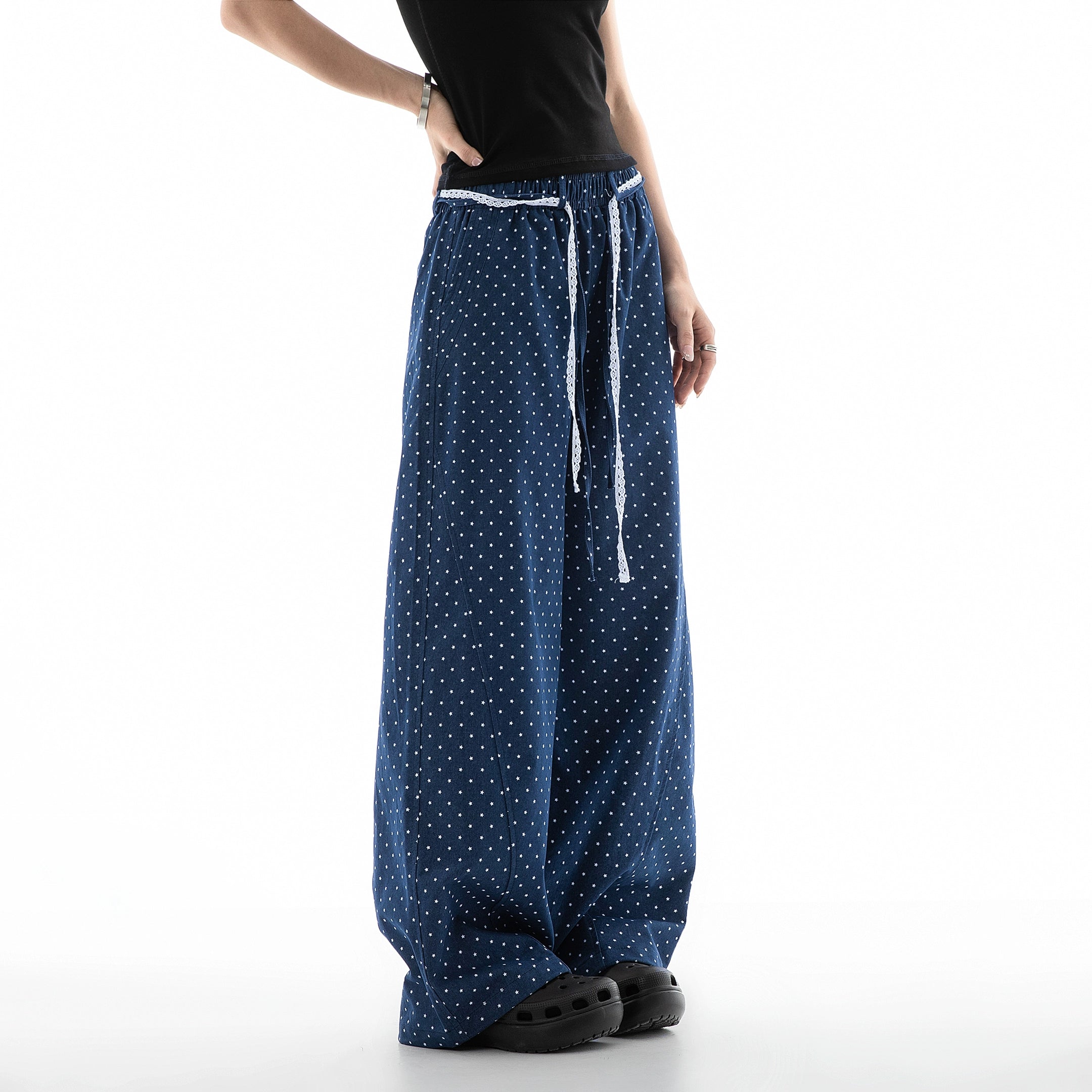 ICH MODE Vintage Star Straight Elastic Waist Wide Leg Pants