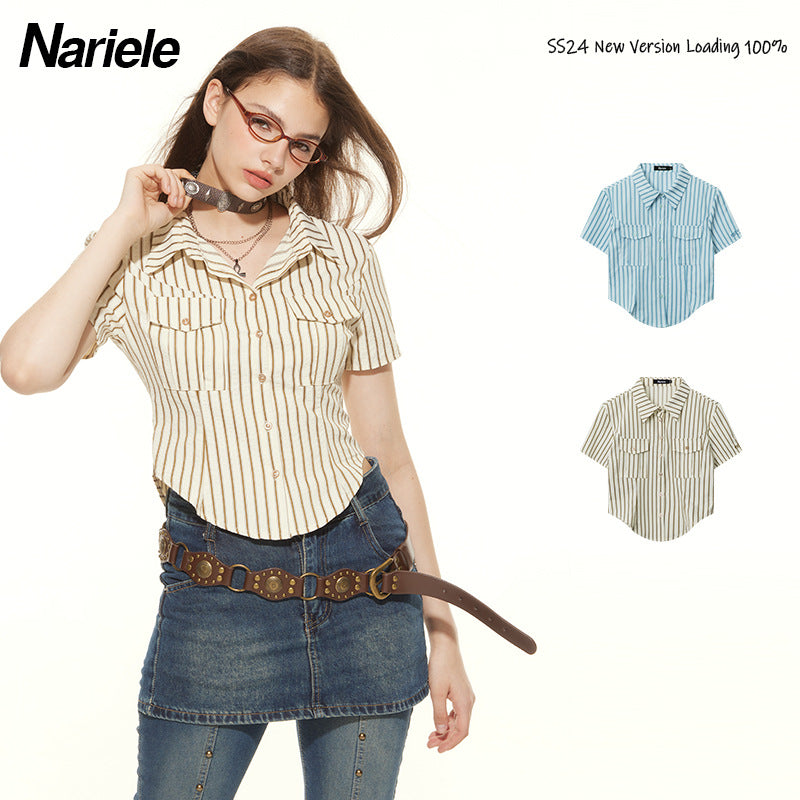 Nariele Striped POLO Neck Slim-Fit Short Shirt