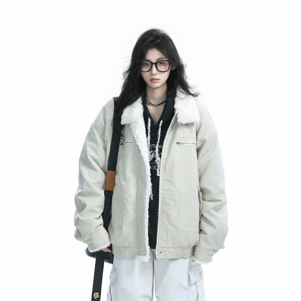 Zuocisankon Lamb Wool Lapel PU Leather Jacket Cotton Jacket
