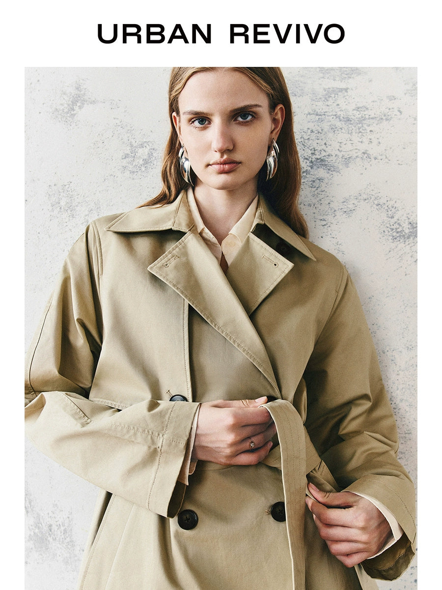 URBAN REVIVO Temperament British Style Double-breasted Waist Long Trench Coat