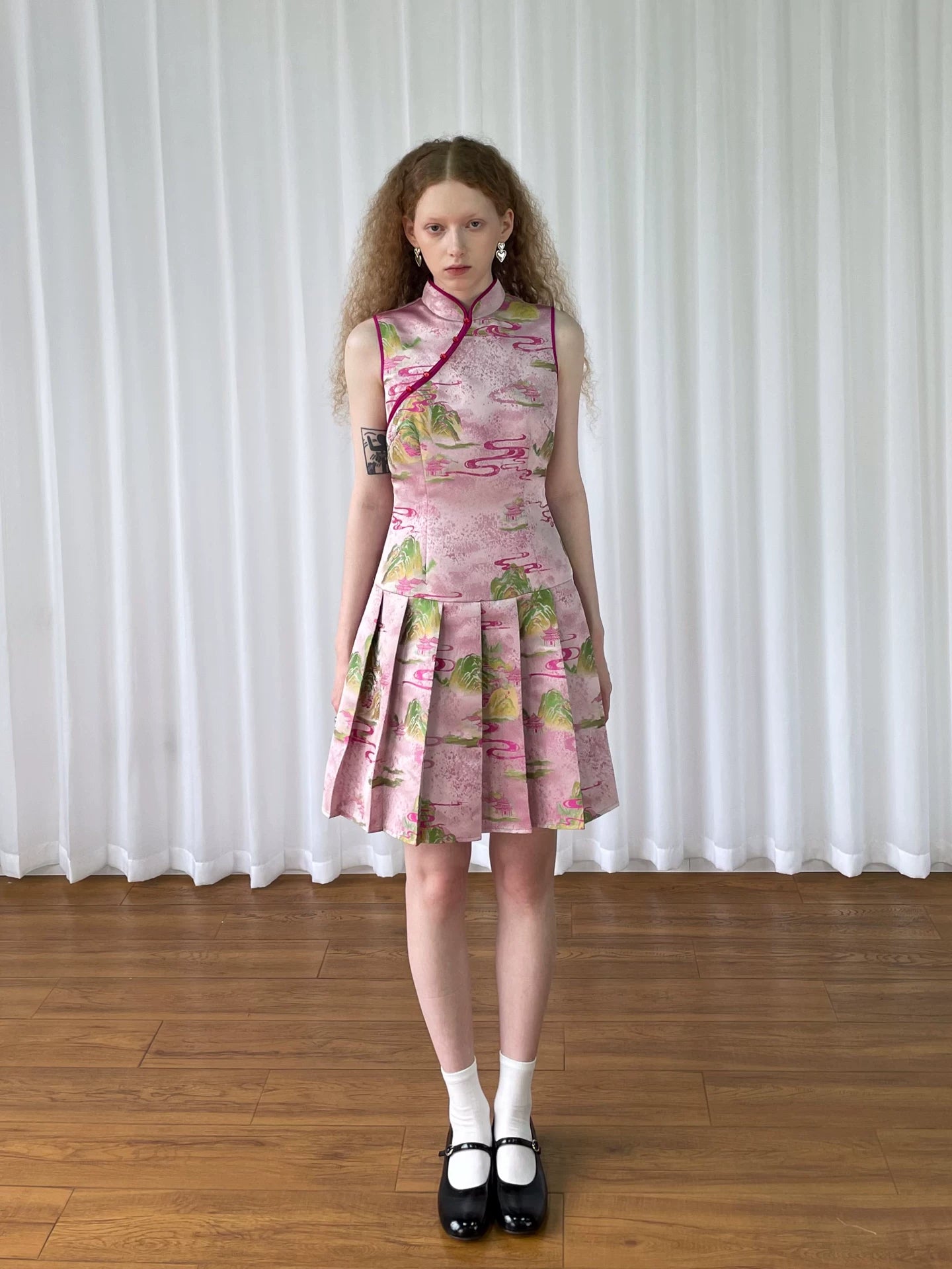 Loosesmell Pleated Thin Jacquard Sleeveless Cheongsam Skirt