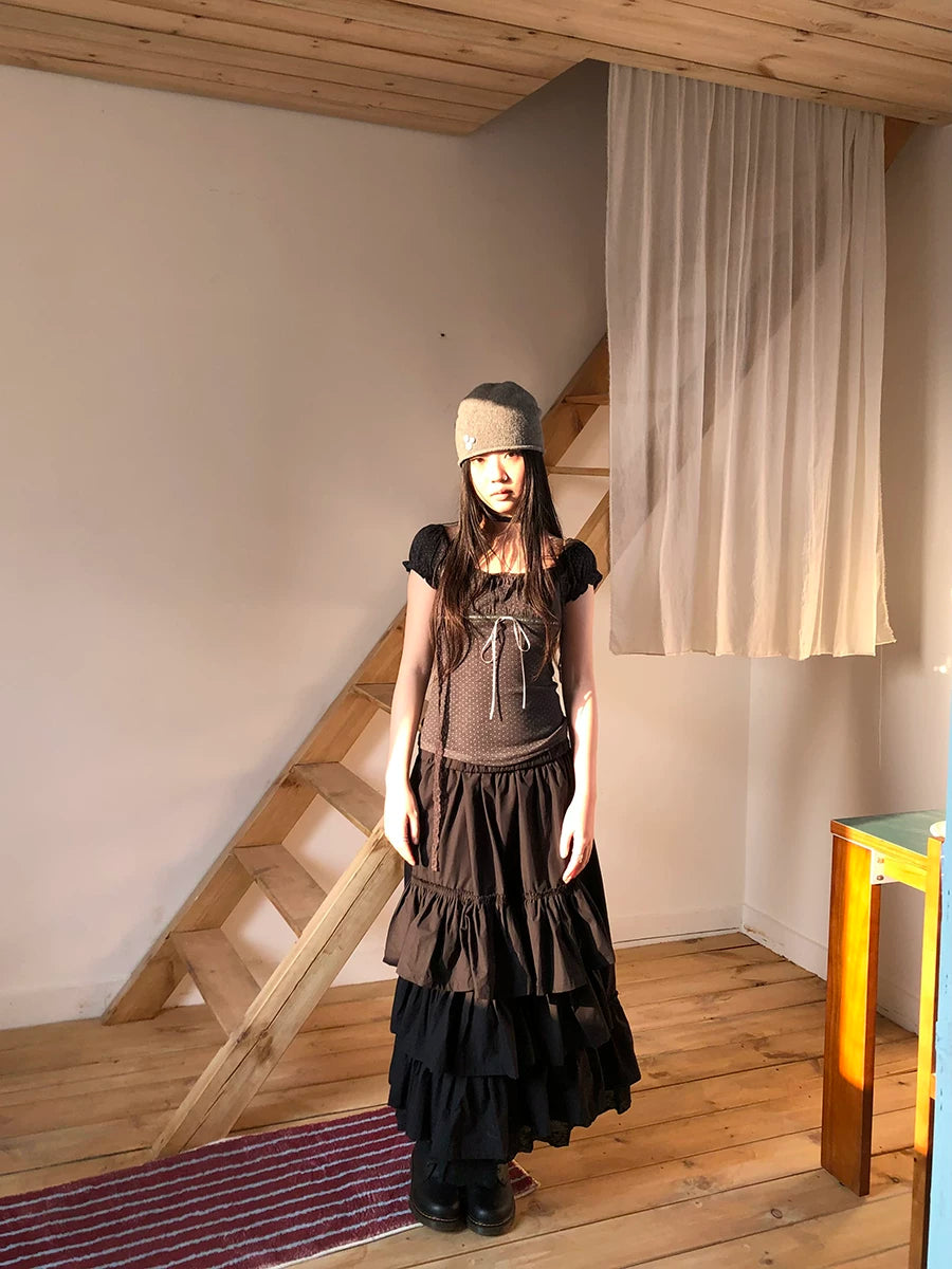 Ang: Project Polka Dot Square Neck Pleated Lace Edge Tee