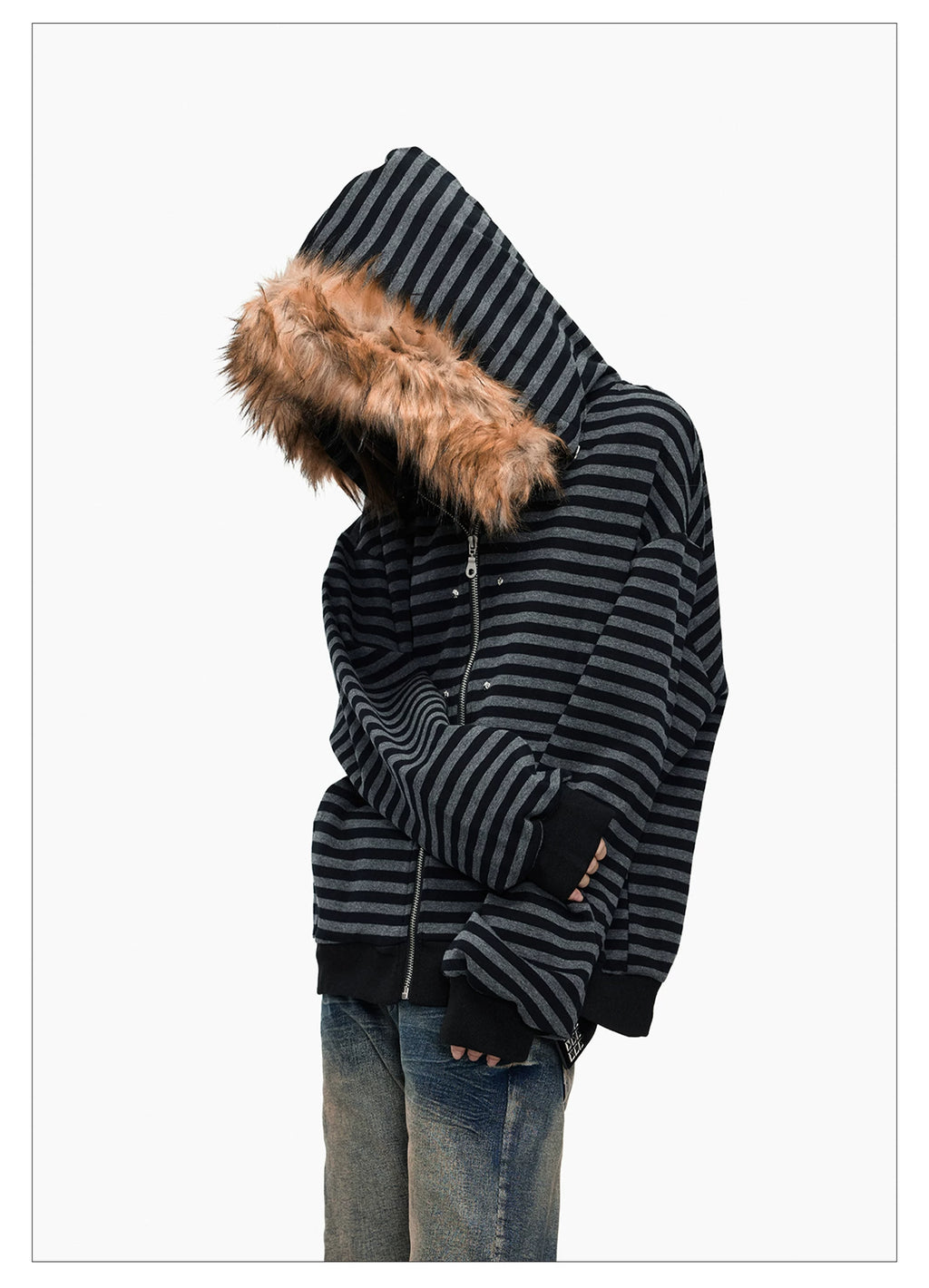 Lightinus Black and Grey Striped Fur Collar Hooded Zip Jacket