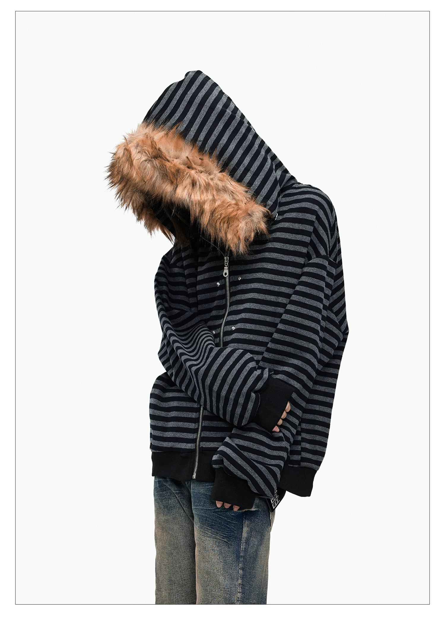 Lightinus Black and Grey Striped Fur Collar Hooded Zip Jacket