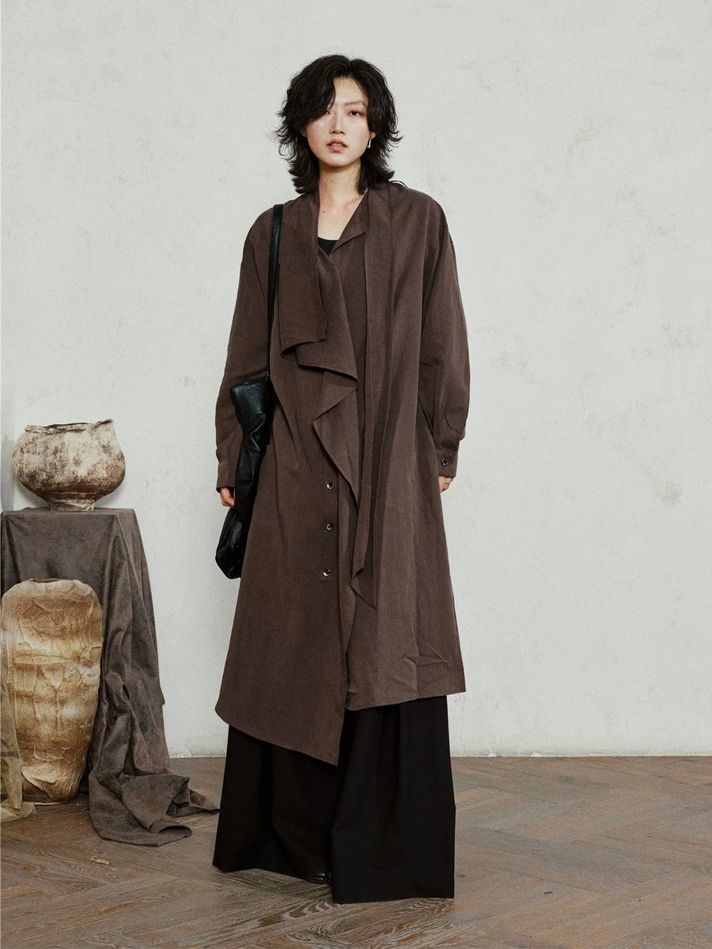 SUNYVONNE Asymmetrical Large Lapel Long Belted Coat