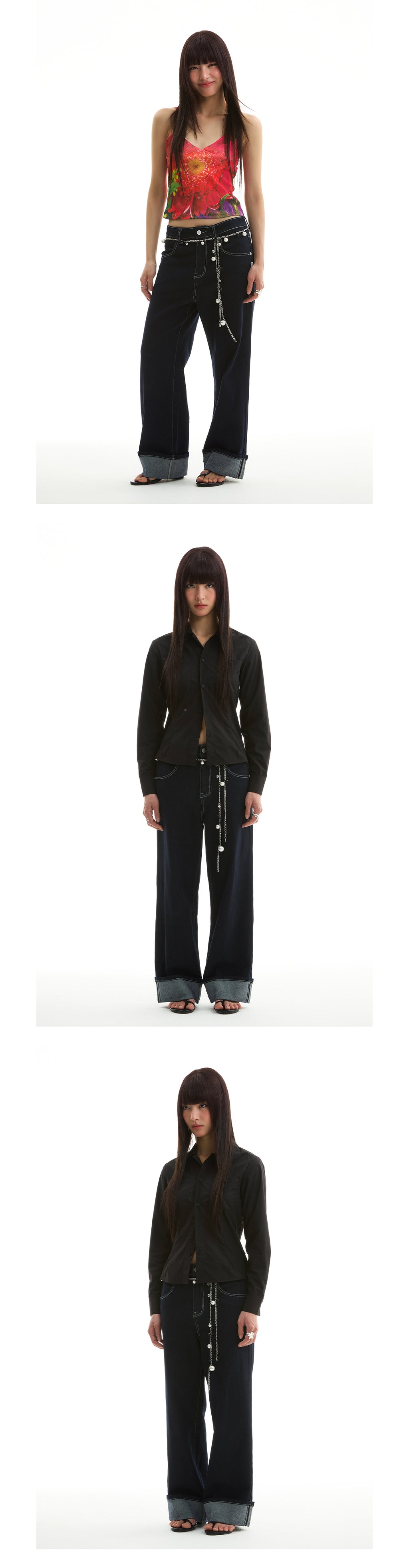 FUNKYFUN 2025SS fold-up pants micro-elastic primary color blue straight jeans