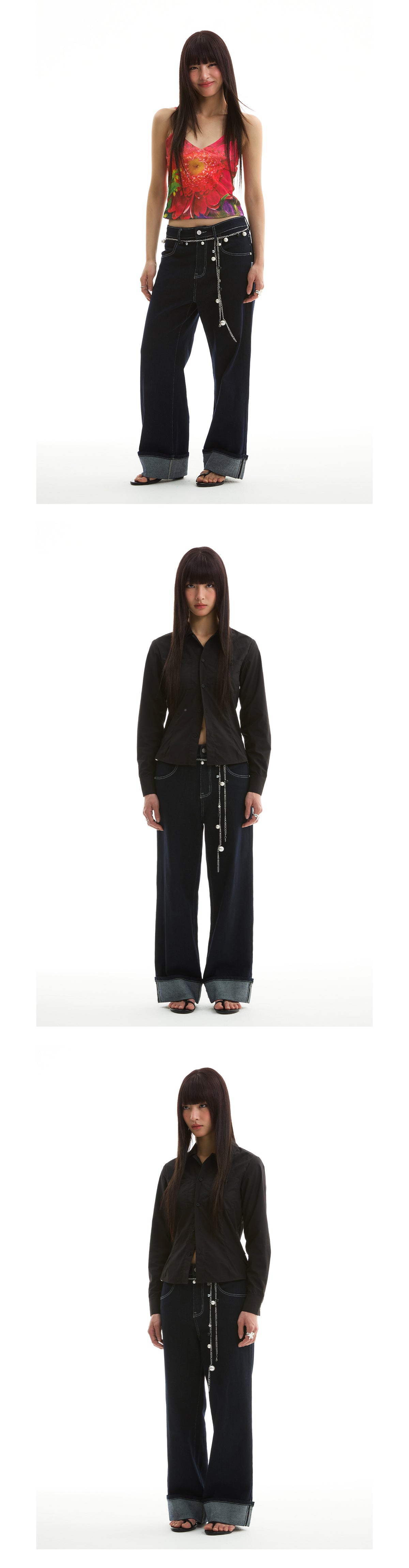 FUNKYFUN 2025SS fold-up pants micro-elastic primary color blue straight jeans