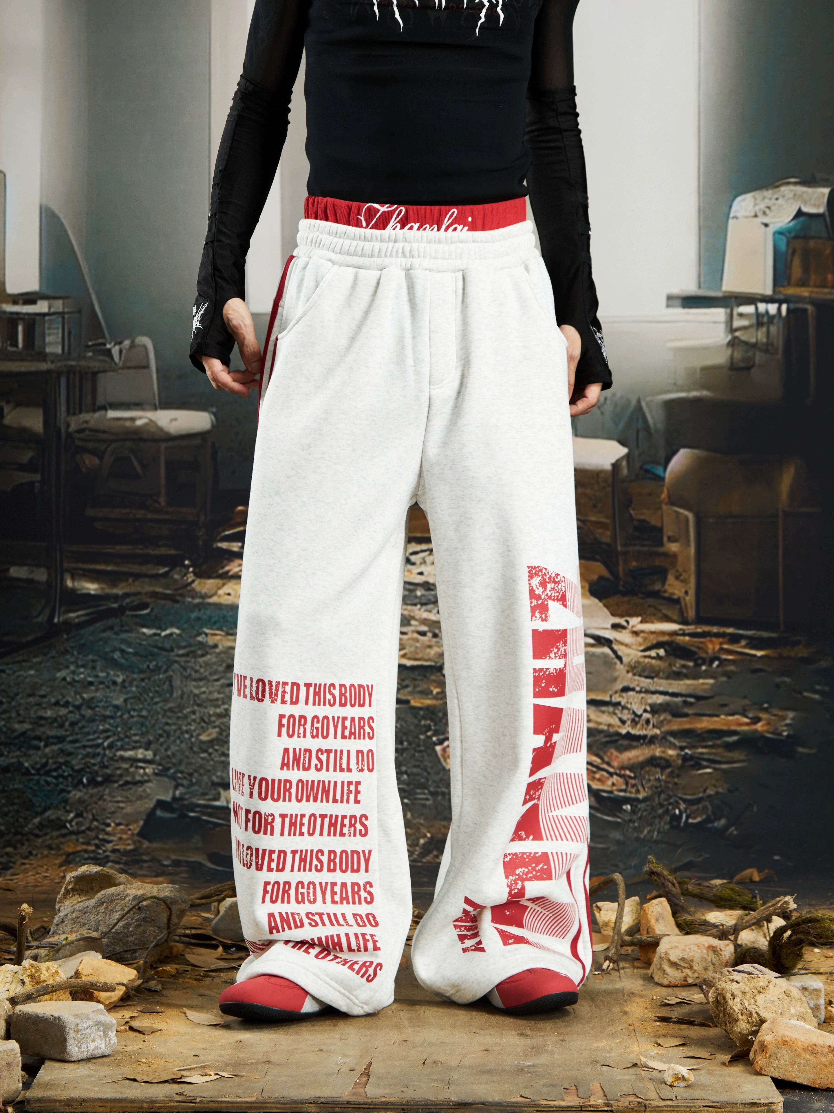NOMANIAI Double Waist Contrasting Color English Printed Loose Sweatpants
