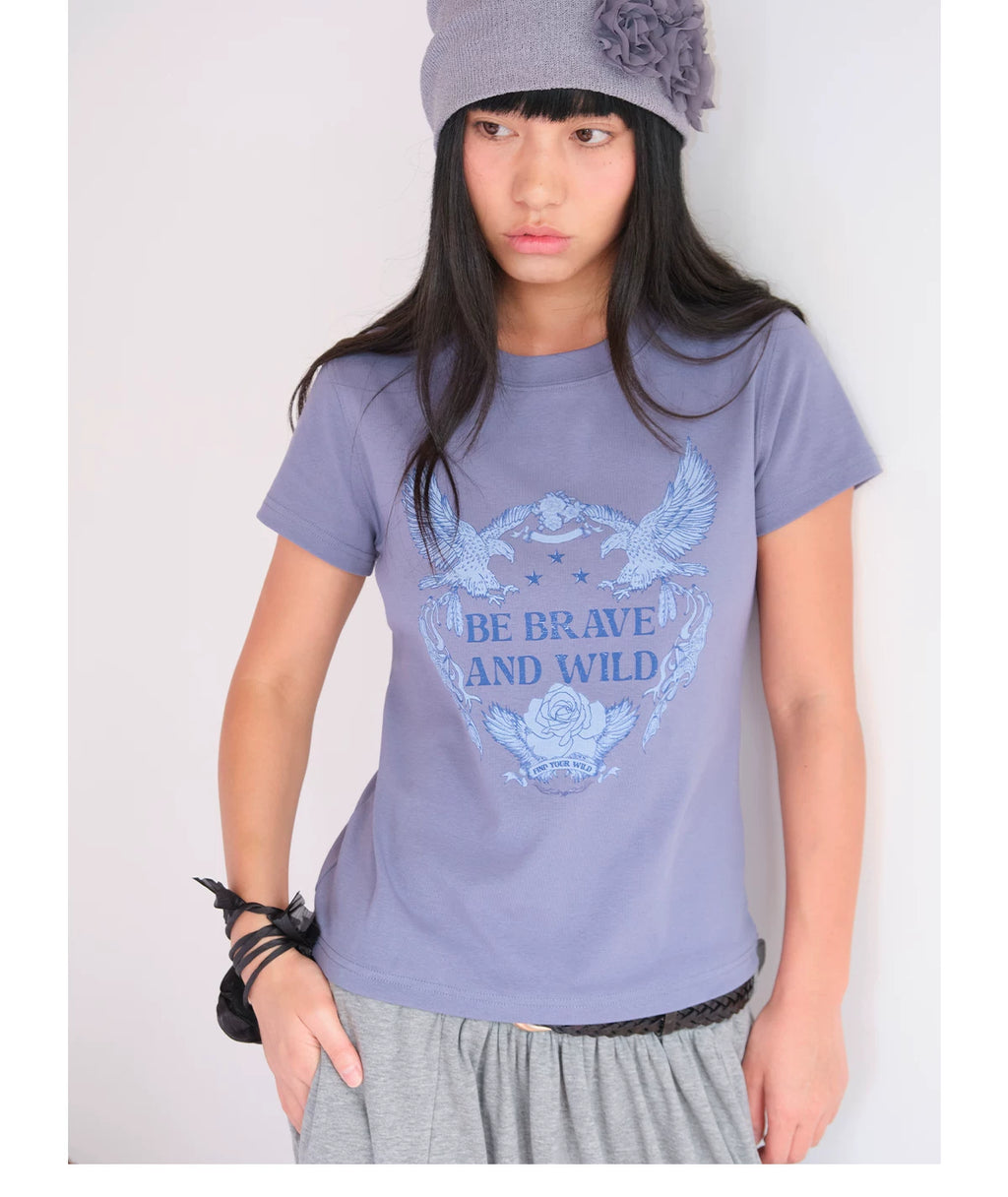 FUNKYFUN Retro Eagle Print High Elastic Front Shoulder Tee