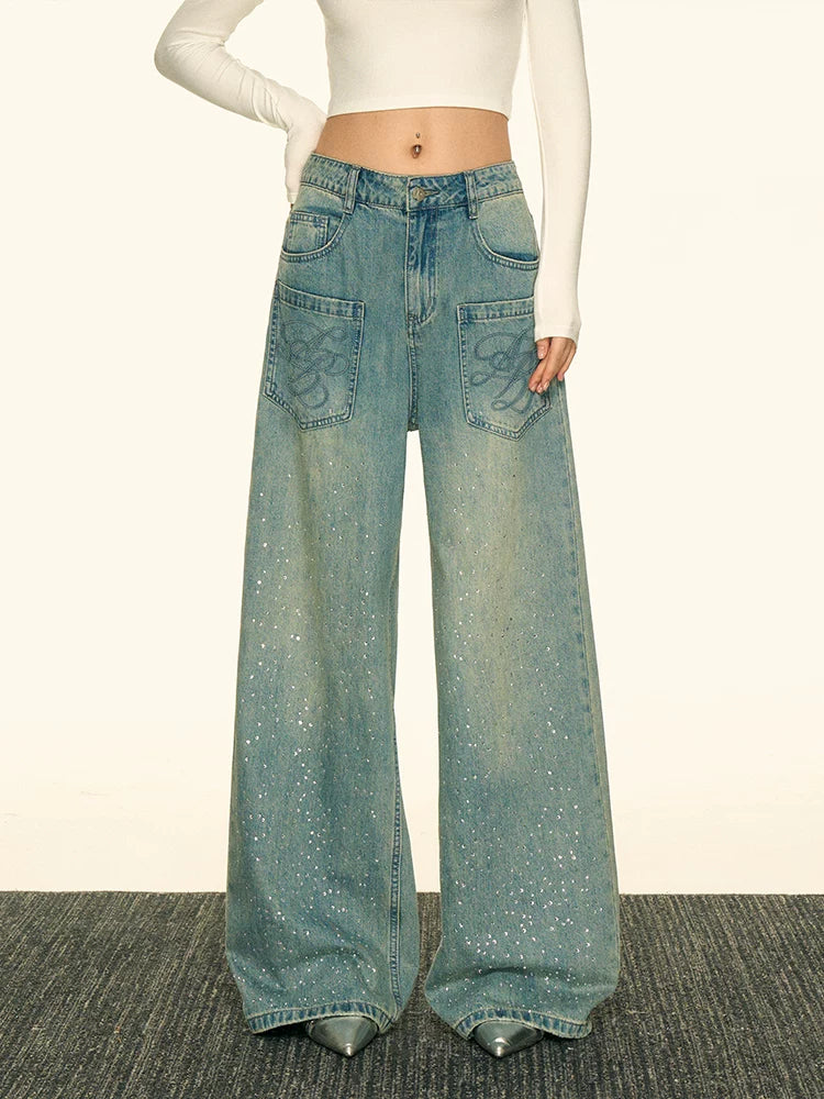 Aaisup Vintage Wide Leg Hot Diamond Jeans