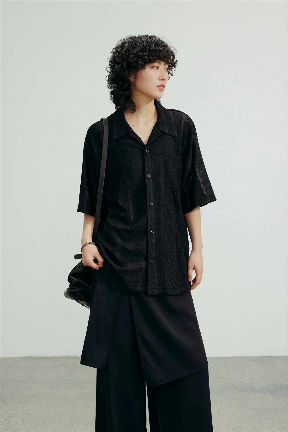 SUNYVONNE Rhombus Hollow Loose Short Sleeve Shirt