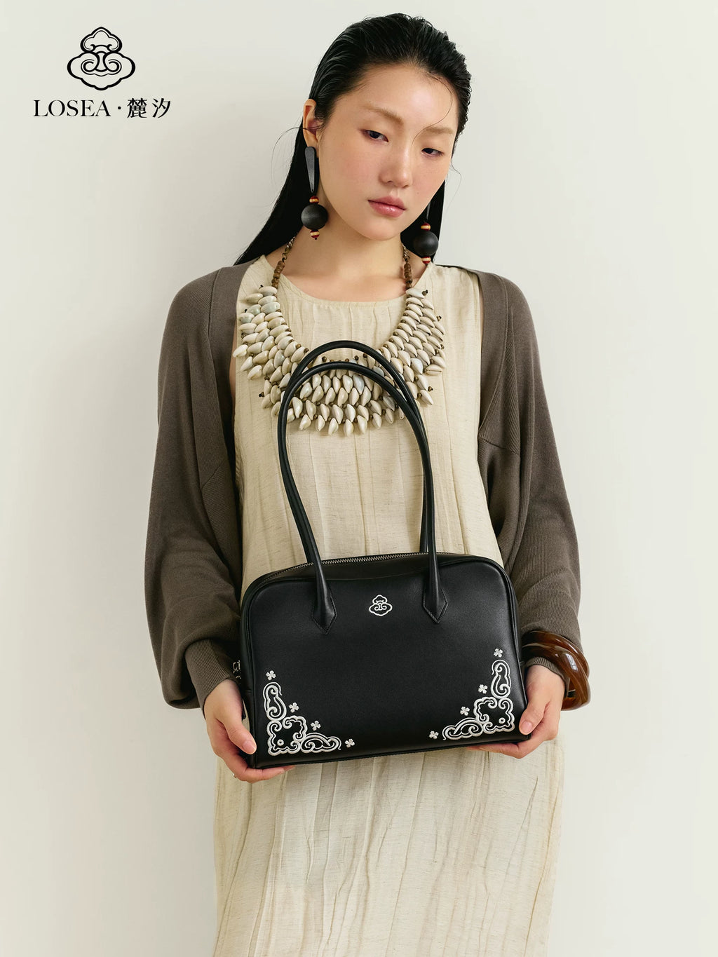 LOSEA First-layer Cowhide Miao Embroidered Shoulder Bag