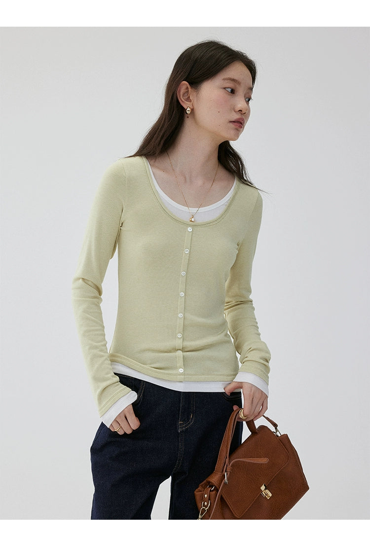 VOOE Fake Two Pieces Casual and Thin Round Neck Long Sleeves
