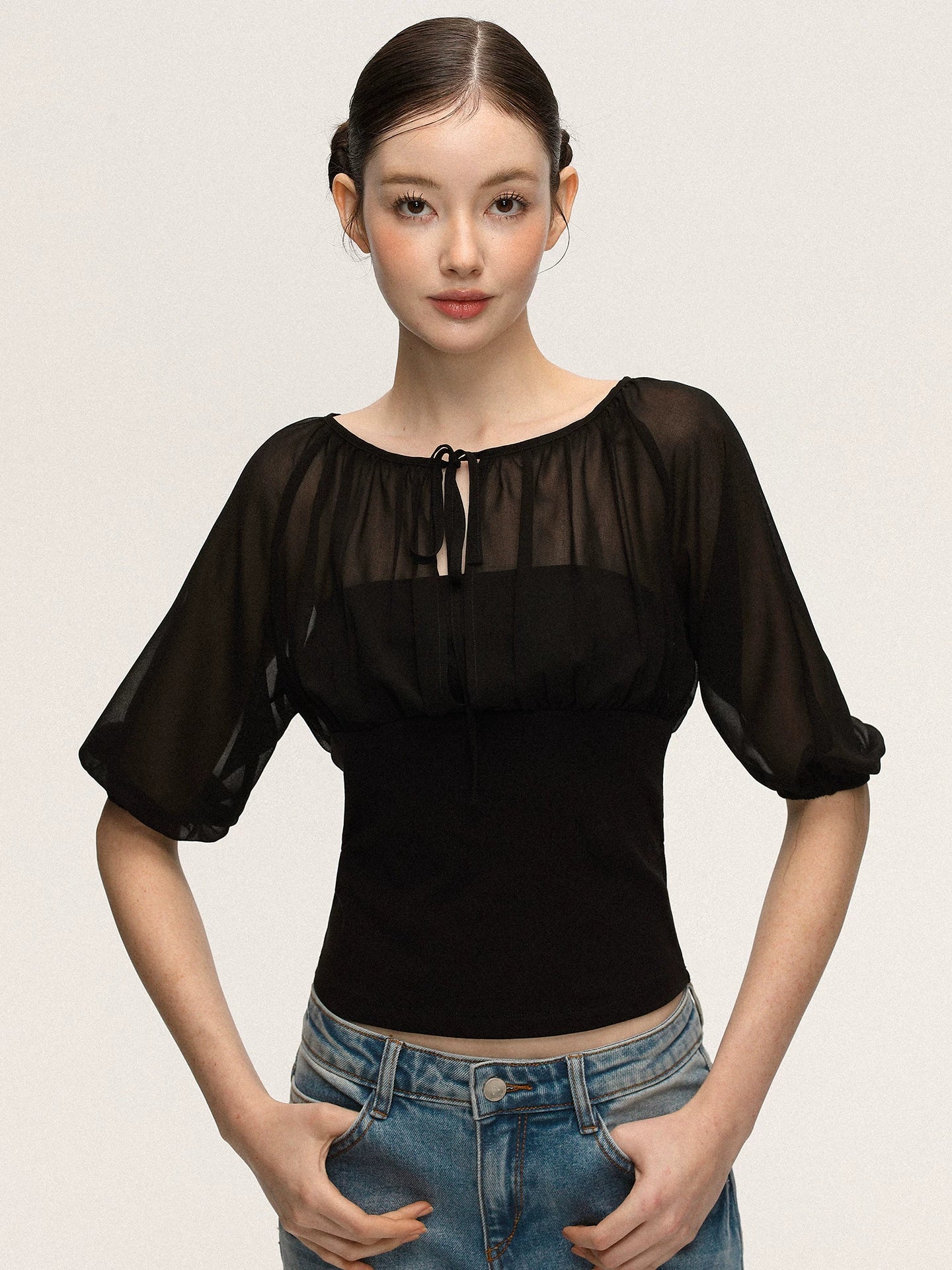 Anna Aneae Mesh Stitching Lace-up Waist and Thin Tee