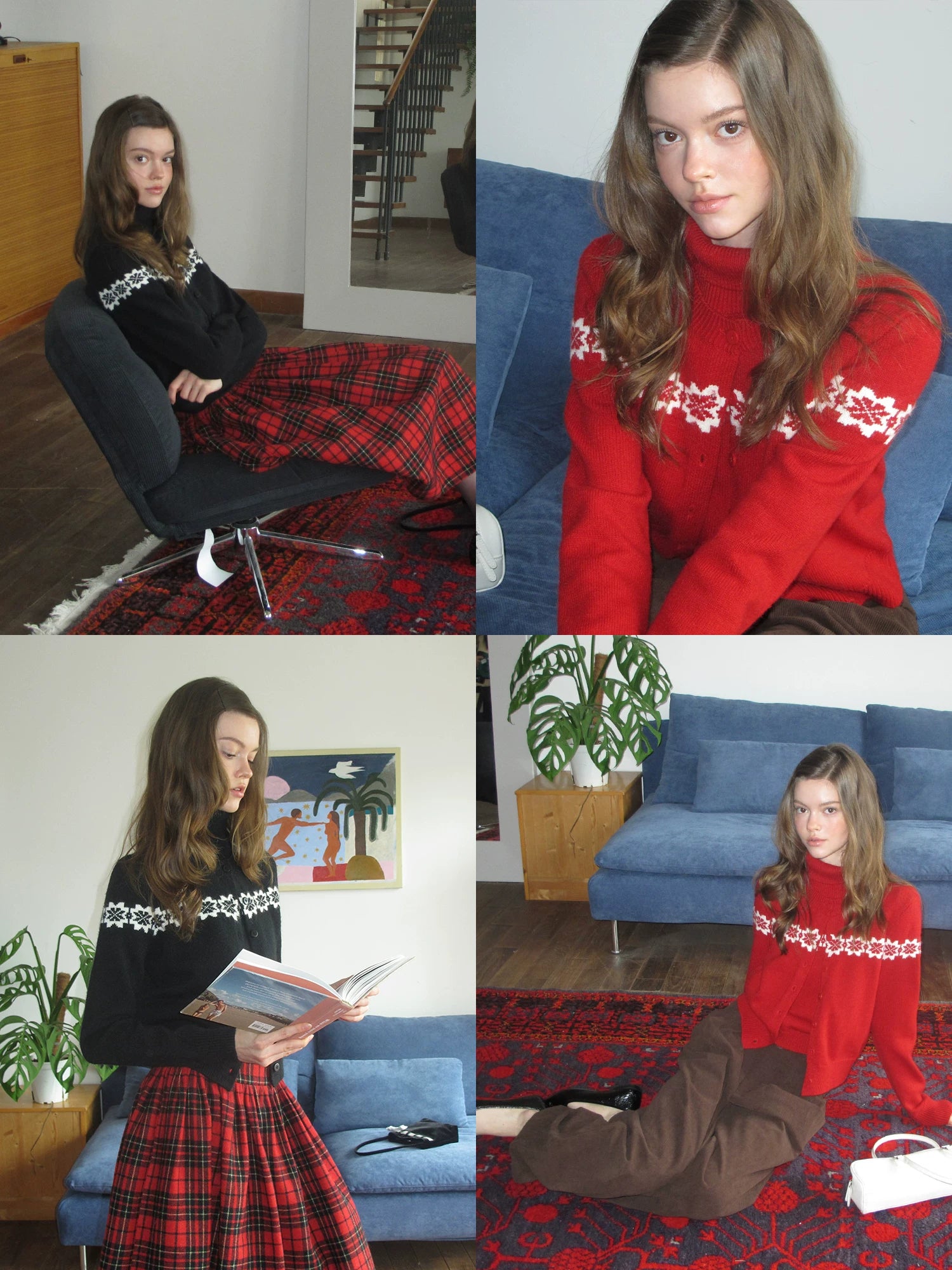EGGKA crew neck jacquard cardigan + turtleneck short-sleeved knitted sweater