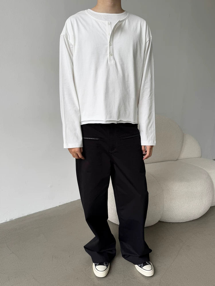 Erole Henry Double Neck Solid Color Long Sleeve T-Shirt