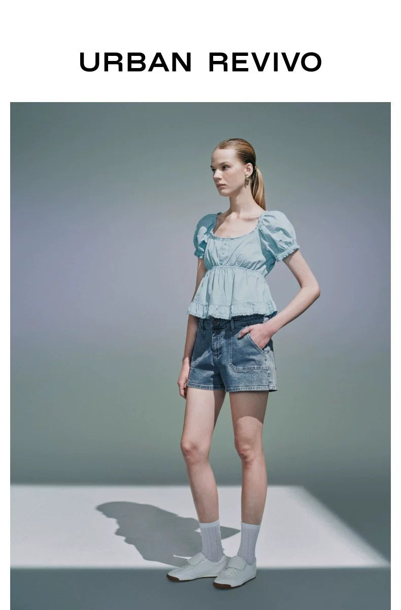 URBAN REVIVO Stitched Lace Wrap Short-sleeved Blouse Shirt