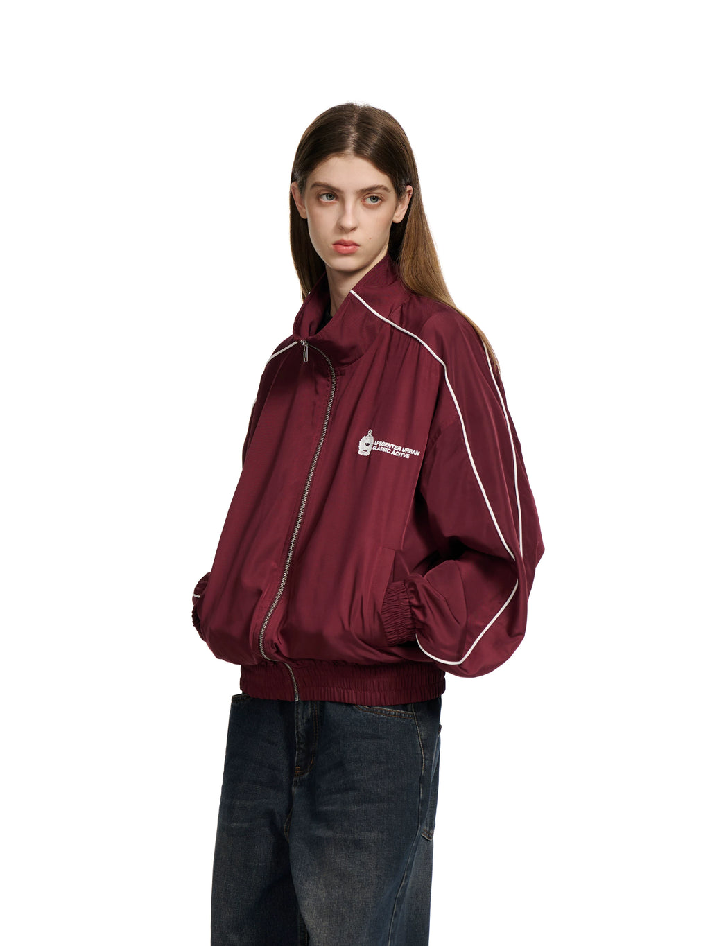 Loopsoon Front and Rear Print Contrasting Striped Stand-up Jacket