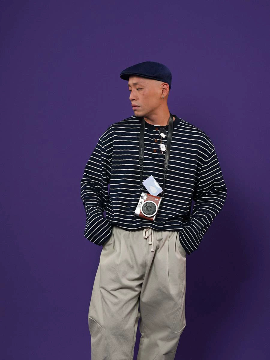 O3PARK Japanese Casual Collarless Striped Polo Shirt