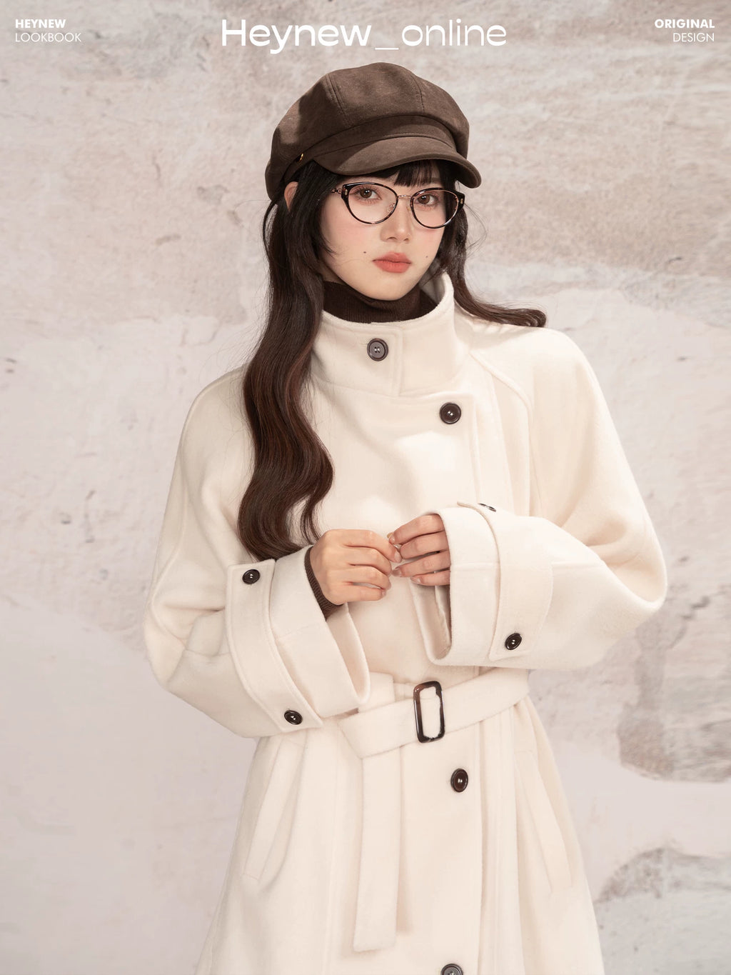 LOVEHEYNEW Stand-up Collar Waist-strapped Woolen Coat