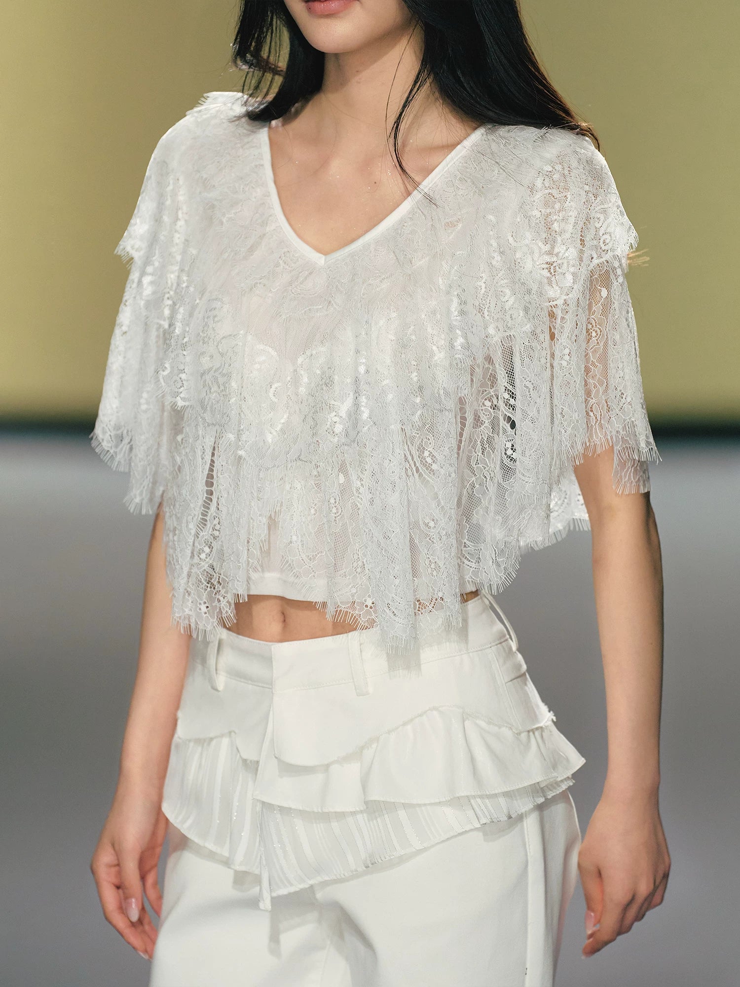 AGAM V-neck Multi-layer Lace Tee
