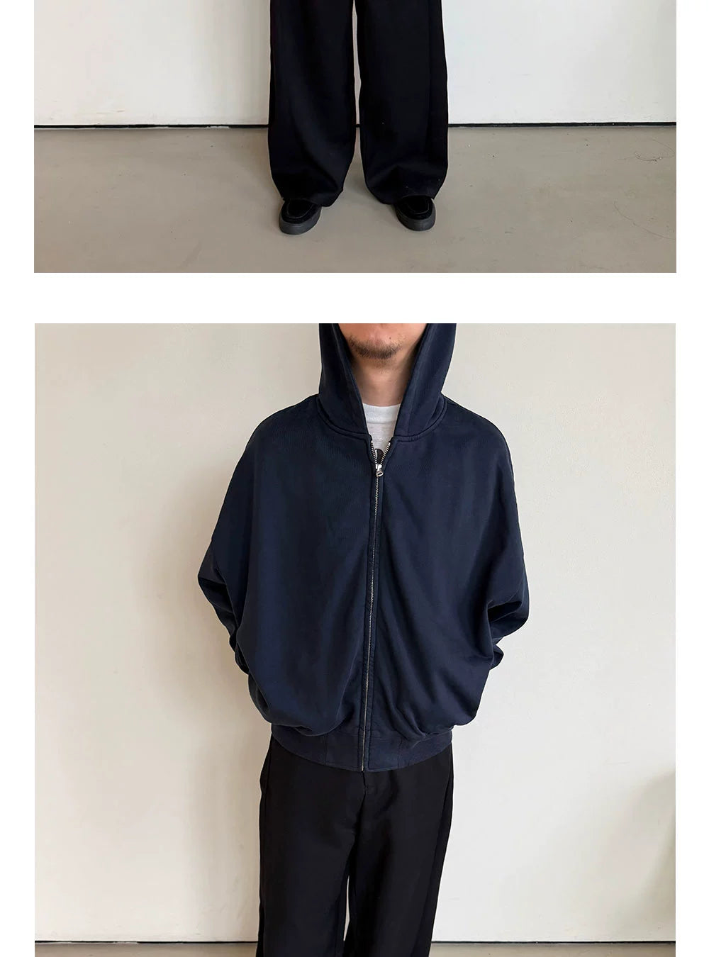 Anniehall Large Silhouette Bat Sleeve Short Wide Zip Hooded Sweater