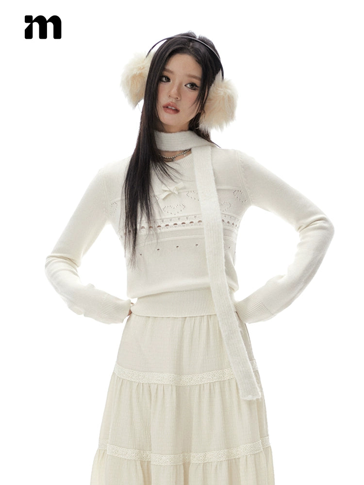 Imone  Bow Short Thin Hollow Knitted Sweater