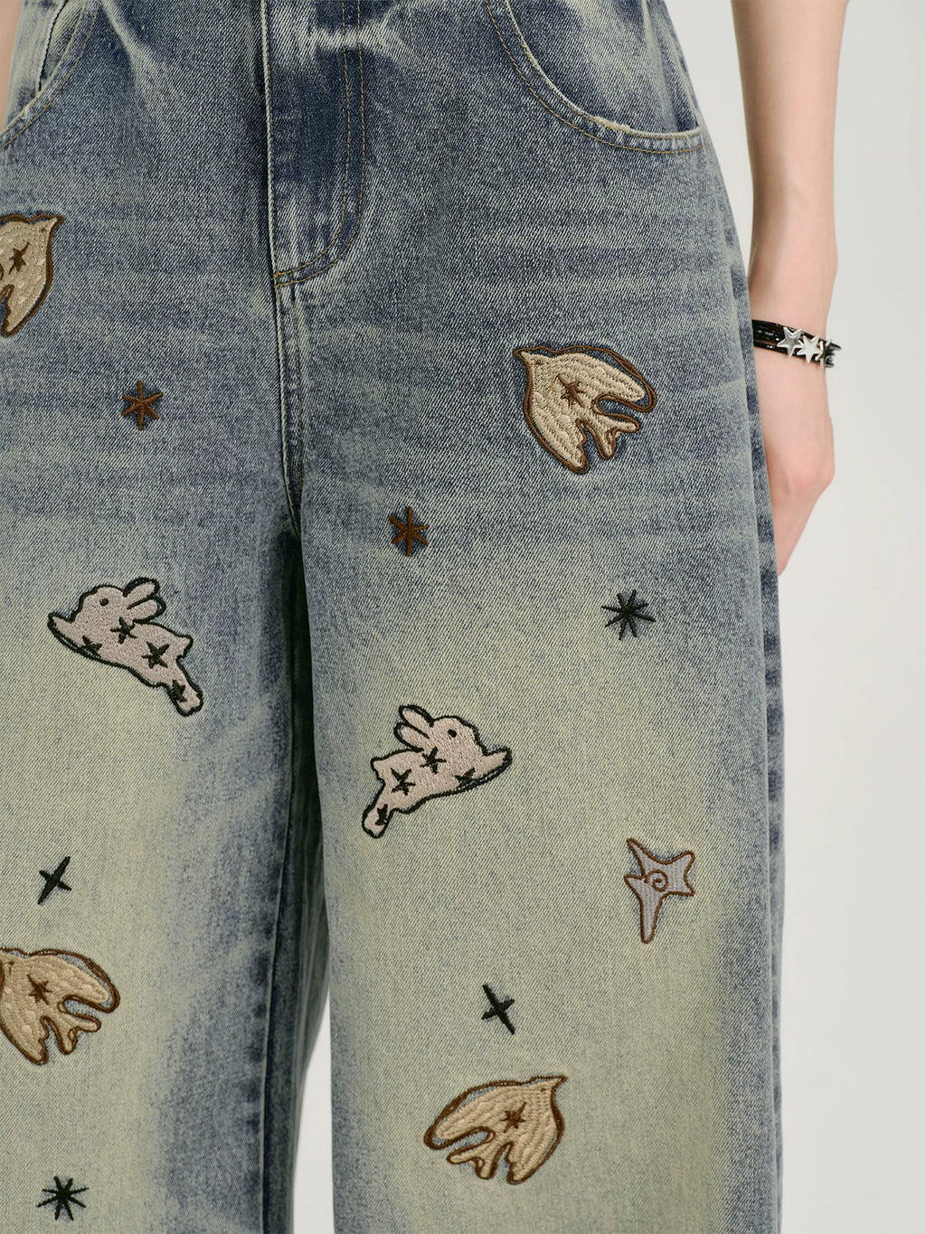 Girlyhalo Wide-leg Embroidered Jeans