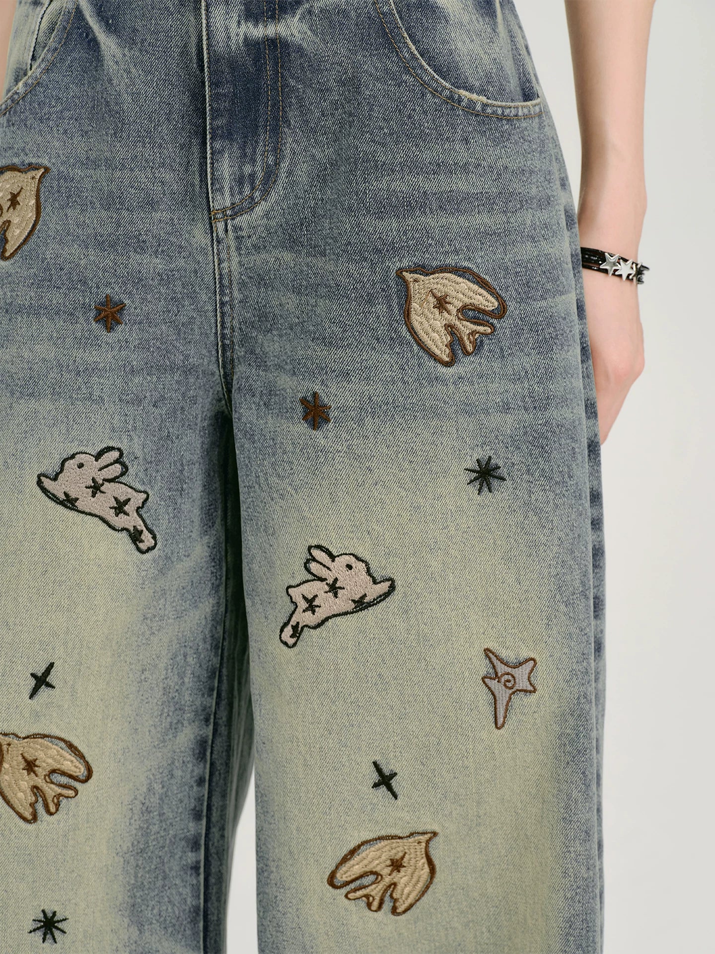 Girlyhalo Wide-leg Embroidered Jeans