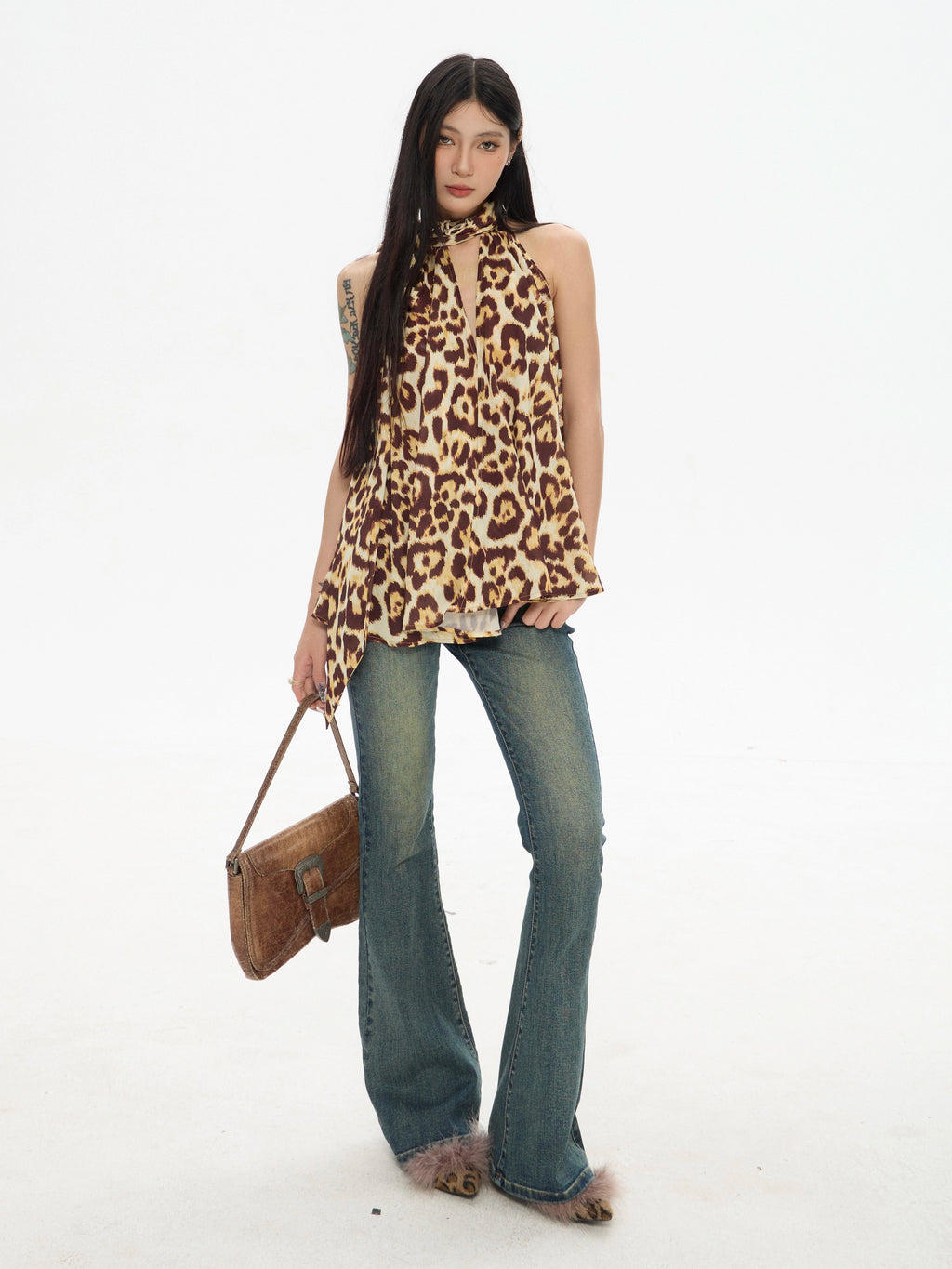 Zero Leopard Print Neck Spice Girl Chiffon Sleeveless Top
