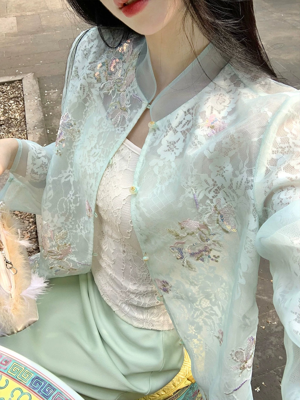 ZIHE Lace Embroidered Top Satin Skirt Set