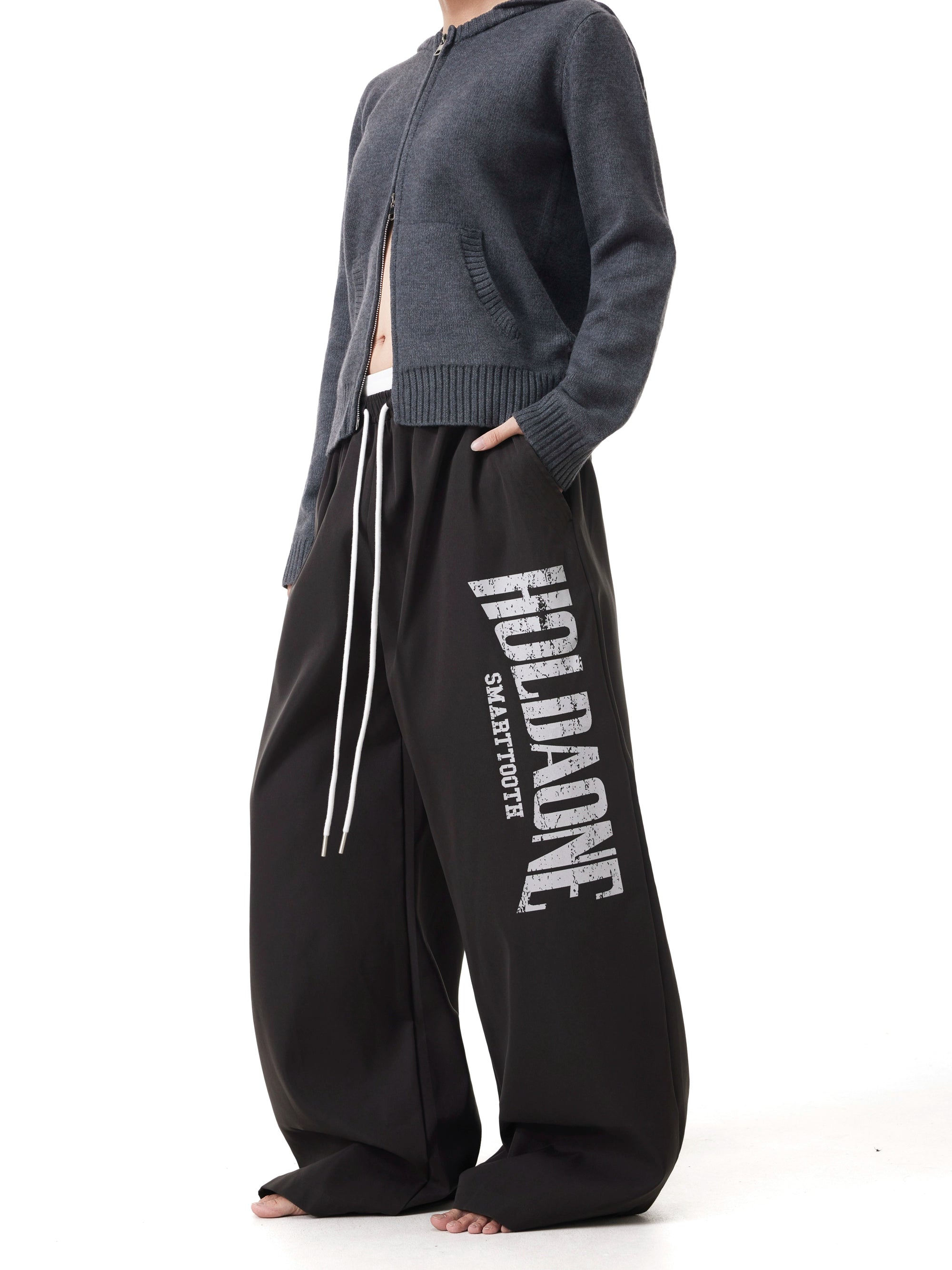 BTSG Letter Print Drawstring Slacks