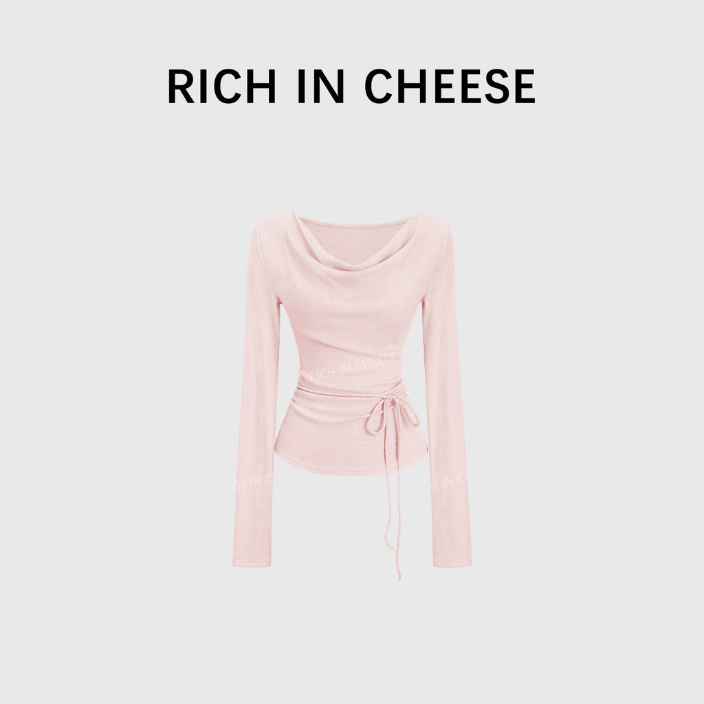 RICH IN CHEESE Waist Fold Temperament Swing Neck Long Sleeve