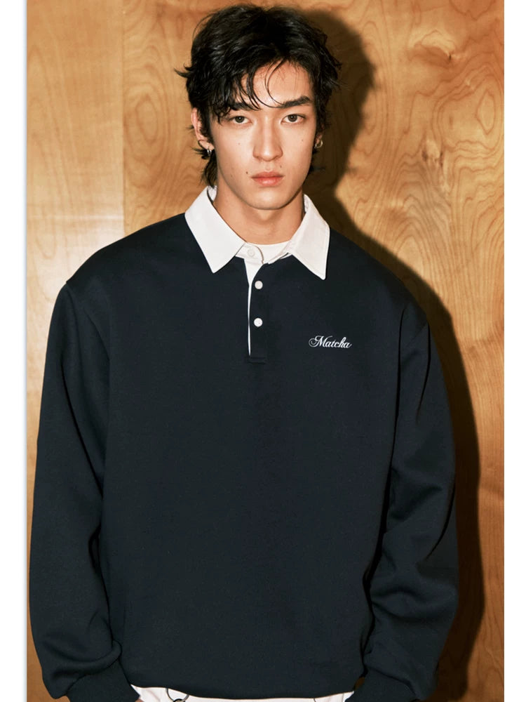 MATCHA STORY Contrast Color Lapel Loose Simple Sweater