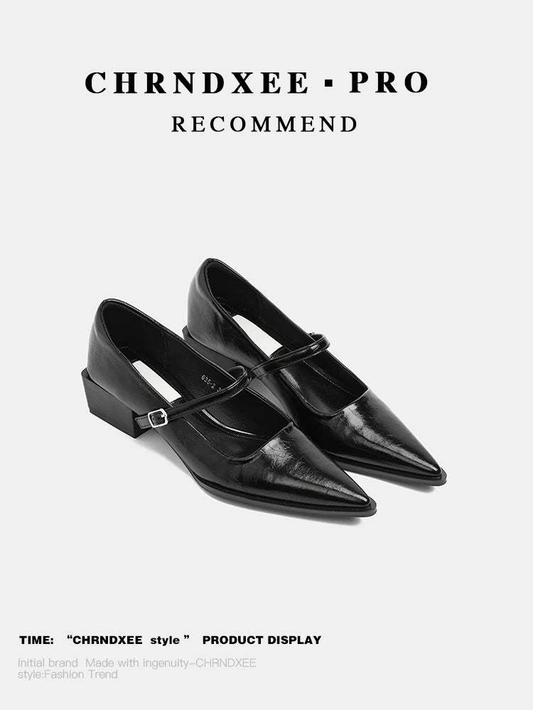 CHRNDXEE Vintage Pointed-toe Soft Leather Chunky Heel Shoes