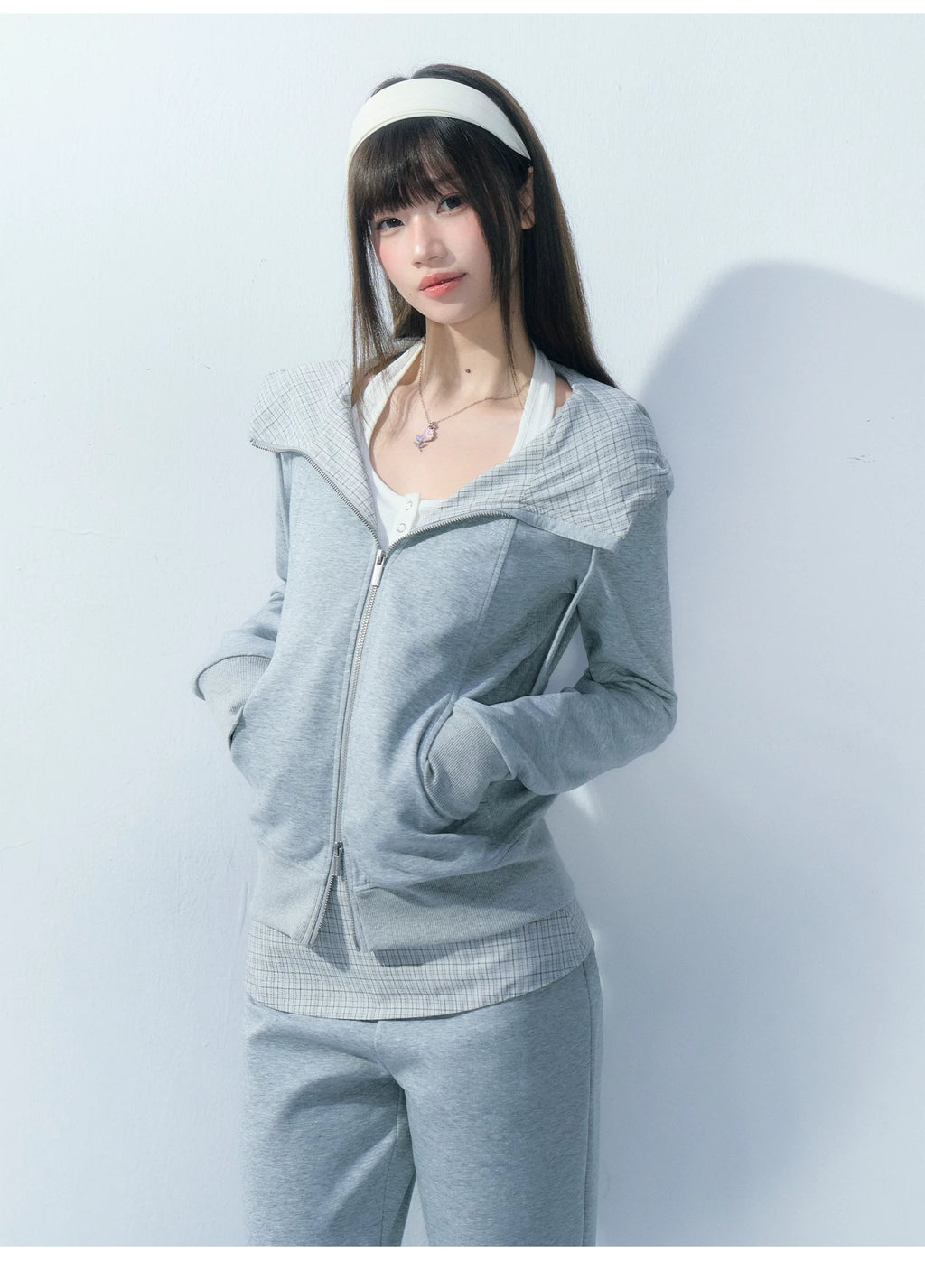 Ablueberry Slimming Paneled Plaid Hooded Jacket