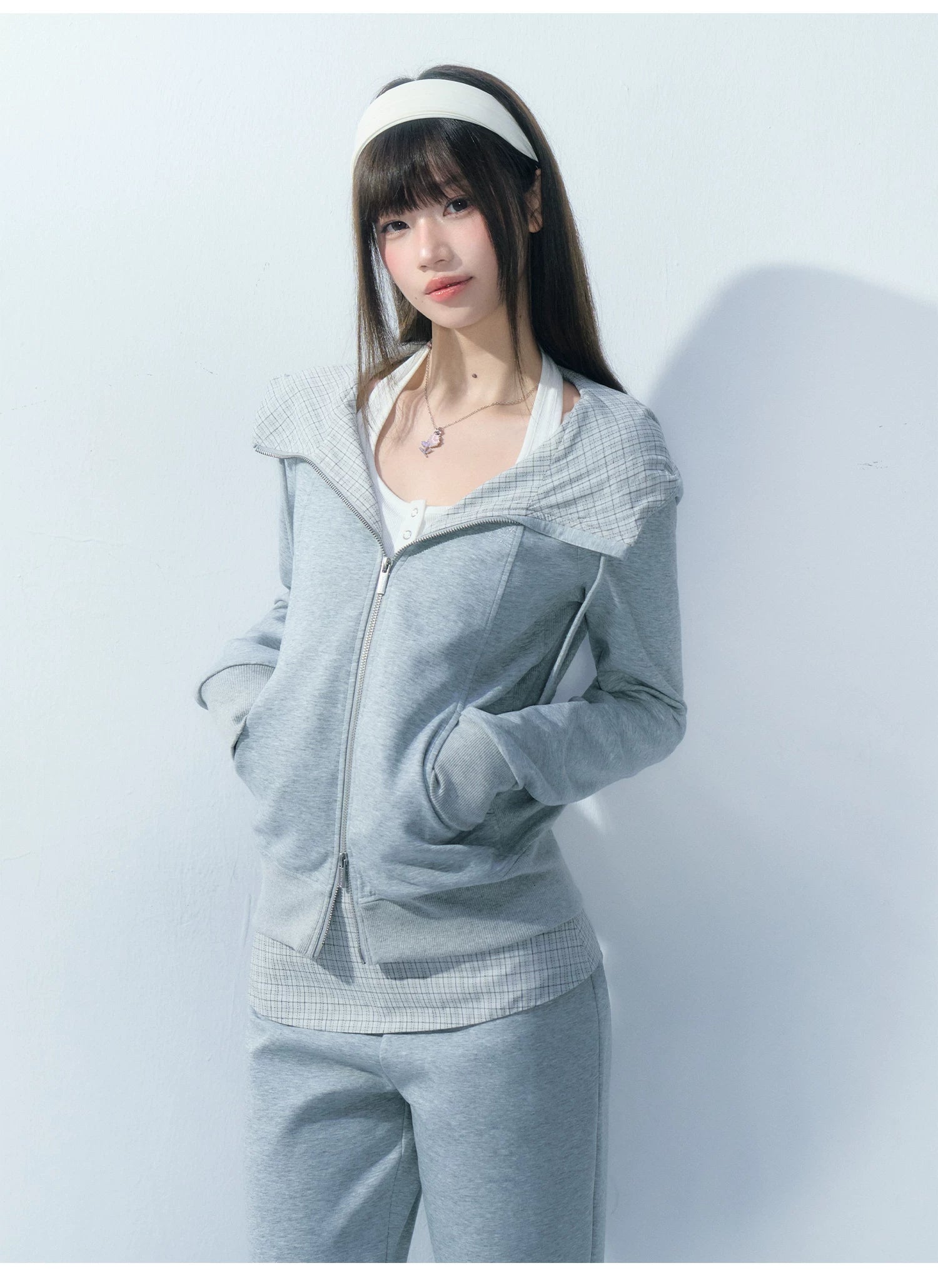 Ablueberry Slimming Paneled Plaid Hooded Jacket
