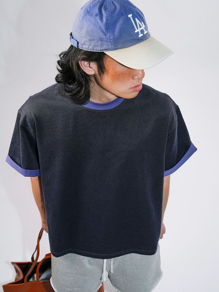 O3PARK Vintage Loose Versatile Contrast Colour Collar Roll Sleeve Tee